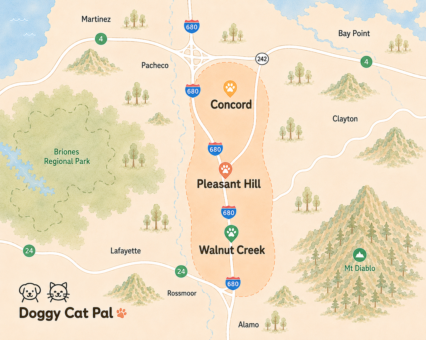 Service area map covering Walnut Creek, Pleasant Hill, and Concord